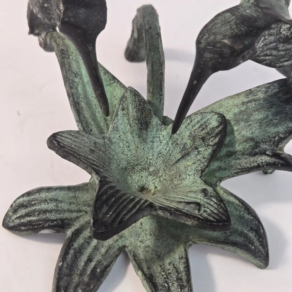 Vintage Verdigris Cast Metal Hummingbird Lily Flower Sculpture Candle Holder